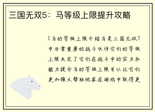 三国无双5：马等级上限提升攻略